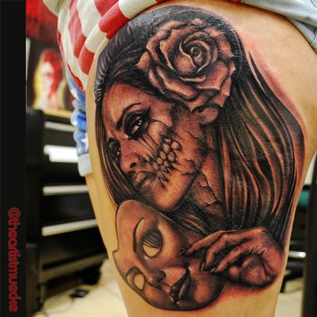 Tattoos - custom leg piece black and grey muecke tattoo  - 93783